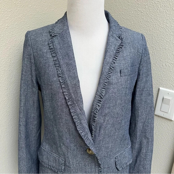 NWOT J. Crew Regent Blazer Blue Chambray Ruffled Trim Classic Preppy Women’s 4 - Picture 3 of 14